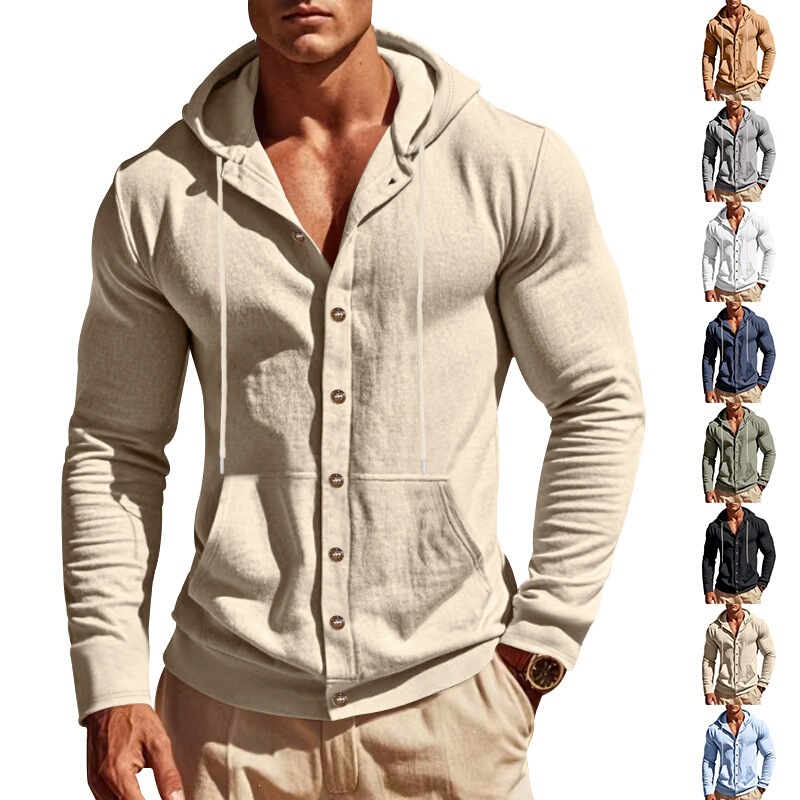 Cross-Border New Spring and Summer Men's Hooded Long-Sleeve Shirt, Solid Color Pocket Casual Long-Sleeve T-Shirt, Men's Outerwear Top Cross-Border New Spring and Summer Men's Hooded Long-Sleeve Shirt, Solid Color Pocket Casual Long-Sleeve T-Shirt, Men's Outerwear Top