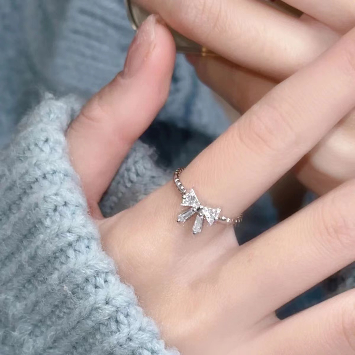 Anello regolabile aperto "Time Princess" con fiocco in argento, dolce e versatile, per ragazze._voghion.com