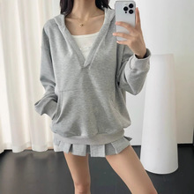 秋季辣妹松弛感宽松V领连帽卫衣外套+高腰拼接百褶半身裙两件套女