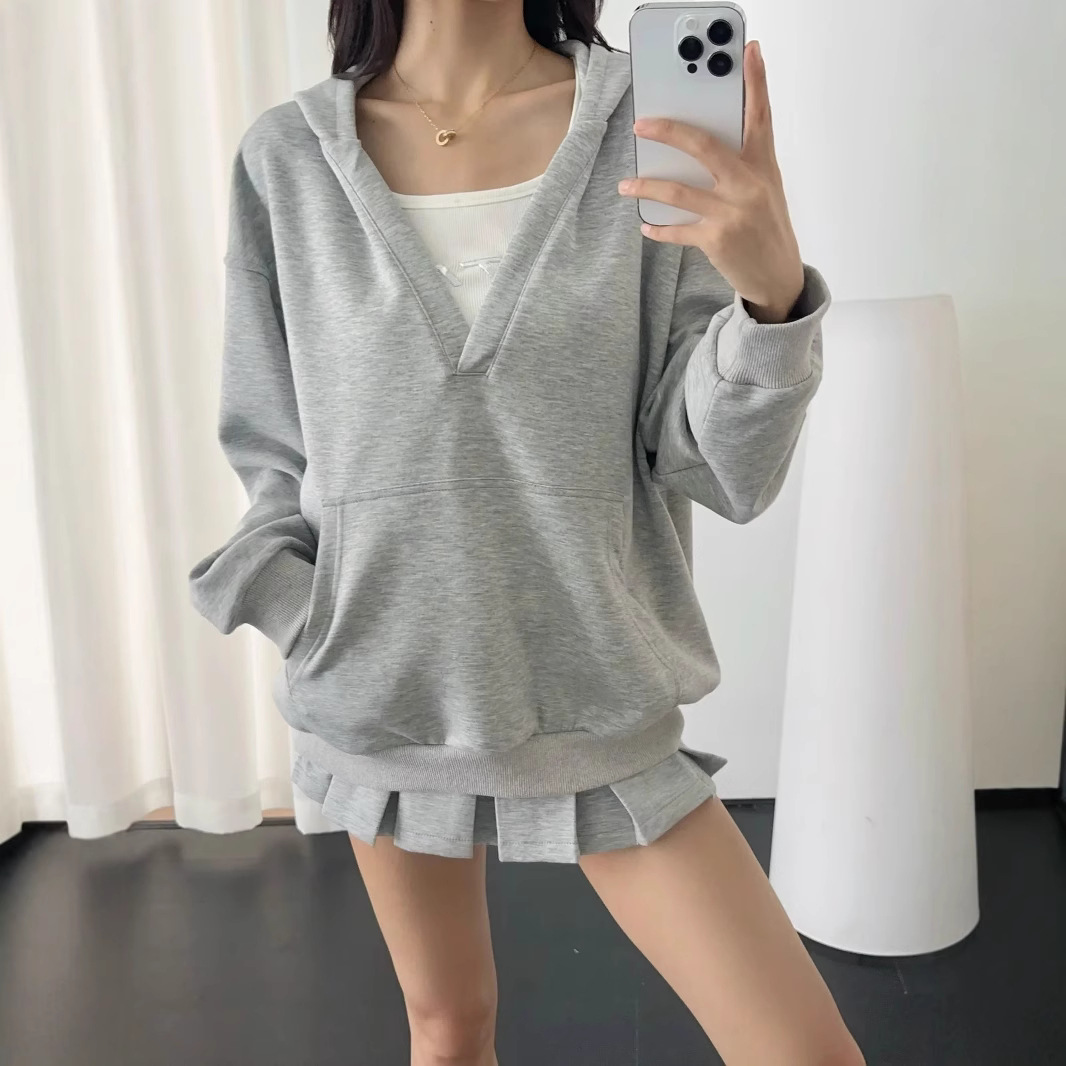 秋季辣妹松弛感宽松V领连帽卫衣外套+高腰拼接百褶半身裙两件套女