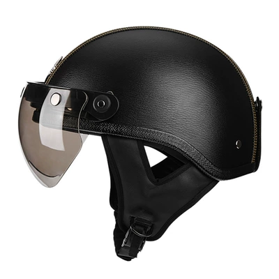 four seasons fashion pedal locomotive universal, Motosiklet kaskı (dəbilqə) - black-leather-pattern-yellow-line-brim-w-mirror-m56-57cm
