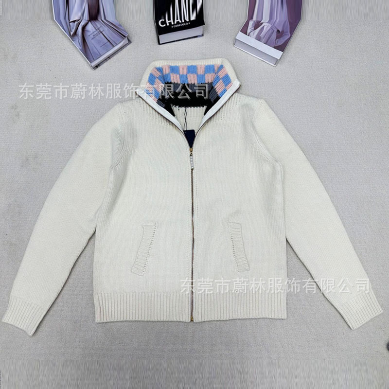 Authentic 26Ss New Style Lv Navy Collar Letter Logo Rainbow Color-Blocking Knitted Zip-Up Sweater Unisex Jacket