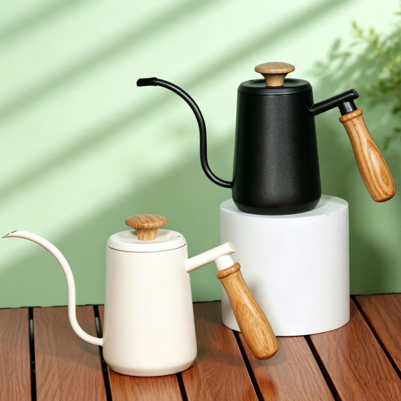 Cross-Border 304 Stainless Steel Wooden Handle Pour-Over Coffee Pot, Gooseneck Coffee Pot, Long Spout Pot for Home and Commercial Use Coffee Equipment