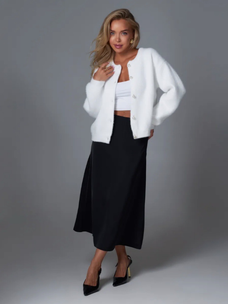 Cardigan aus Kunstnerzstrick – Weicher, übergroßer Strickmantel mit Knopfleiste (Einheitsgröße, Rundhalsausschnitt, lange Ärmel, dick und kuschelig, Weiß, perfekt zum Layern)_voghion.com