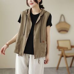 2025文艺复古连帽棉麻开衫马夹女休闲宽松春秋拼接无袖背心短外套