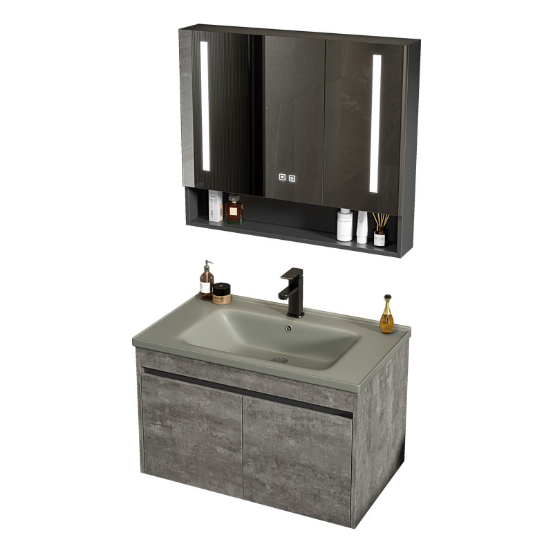 Espacio de lujo ligero combinación de armario de baño de aluminio lavabo todo en uno de cerámica gris lavabo de lavado de manos de hotel lavabo balcón piscina de mesa de lavado