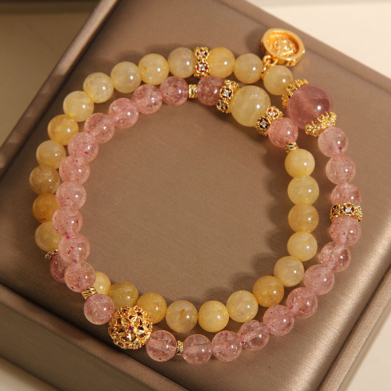 Pulsera de doble círculo de cristal de torre amarilla natural Pulsera de pulsera de transferencia de suerte de cristal de fresa de nicho de lujo ligero para mujer