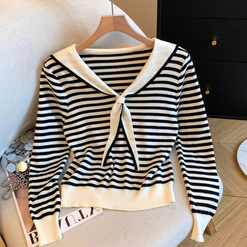 Early Autumn Navy Blue Stripesd Knitwear Women's Spring & Fall 2025 New Age-Reducing Pullover Bottoming Shirt Long-Sleeved T-Shirt Top