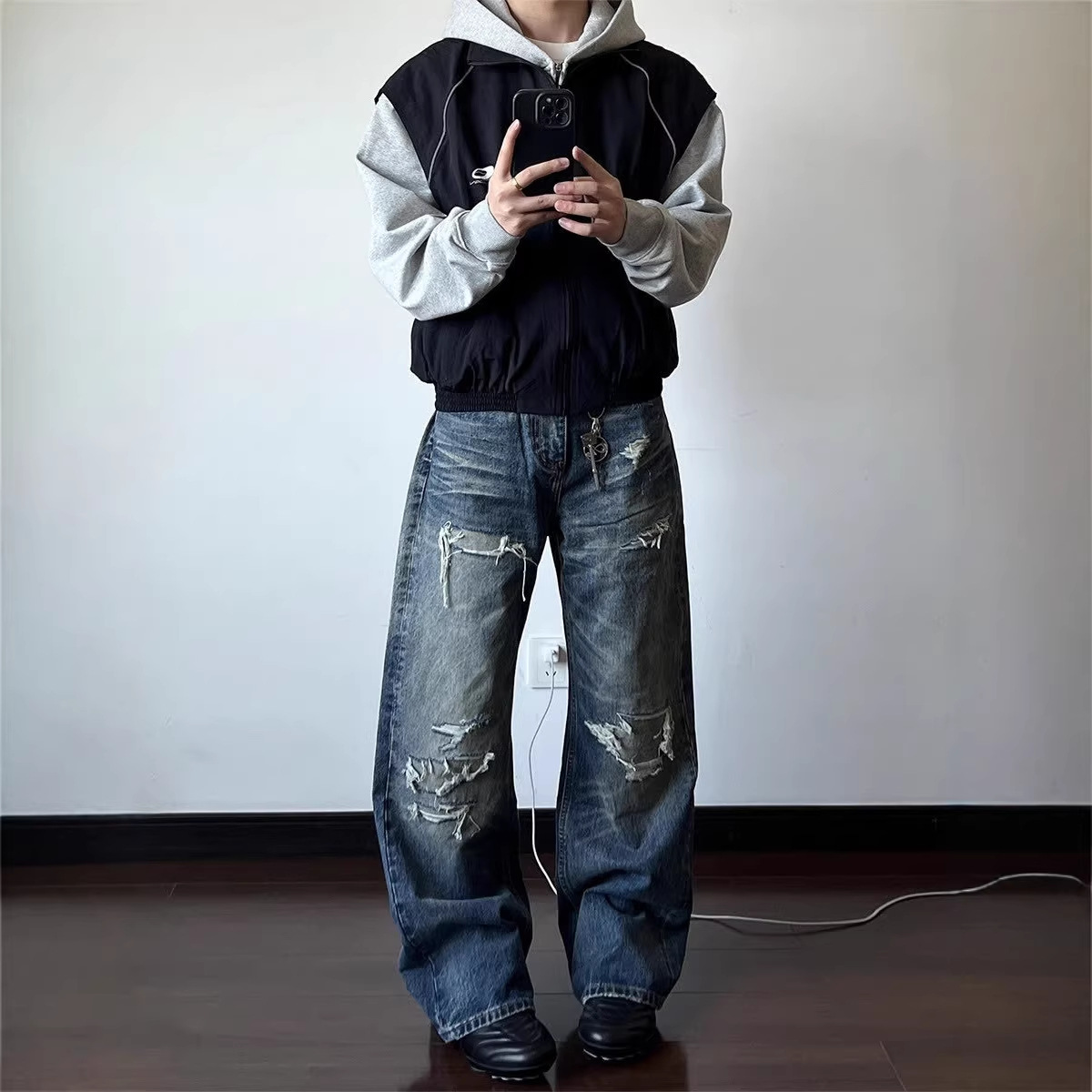 Men's Distressed Washed Denim Jeans With Rip & Frayed Details, Loose Fit Straight Leg Pants, Vintage Streetwear Style For Casual Wear_mkmklike.com