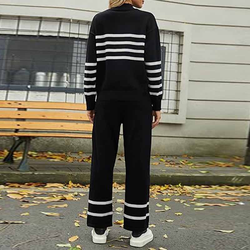 Strickset mit Kontraststreifen – Halb-Rollkragenpullover & Weite Hose (Oversized-Outfit)_voghion.com
