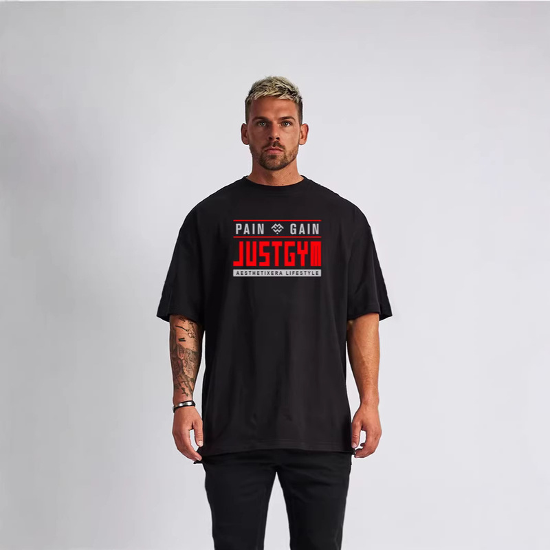 Trendy Brand Letter-Printed Heavyweight 260g Fitness Sports Short-Sleeve T-Shirt with Slightly Dropped Shoulders, Pure Cotton, Loose Fit, Large Size, Round Neck Trendy Brand Letter-Printed Heavyweight 260g Fitness Sports Short-Sleeve T-Shirt with Slightly Dropped Shoulders, Pure Cotton, Loose Fit, Large Size, Round Neck