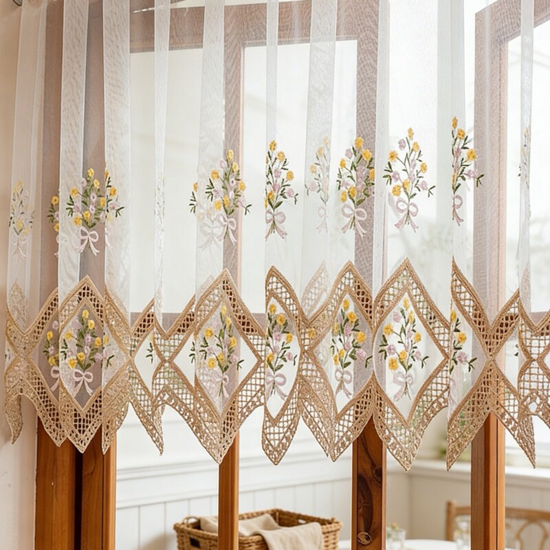 French-Style Embroidered Sheer Curtains, Short Curtains with Fresh Hollow Lace, Translucent Sheer Curtains, Finished Products for Cross-Border Wholesale French-Style Embroidered Sheer Curtains, Short Curtains with Fresh Hollow Lace, Translucent Sheer Curtains, Finished Products for Cross-Border Wholesale
