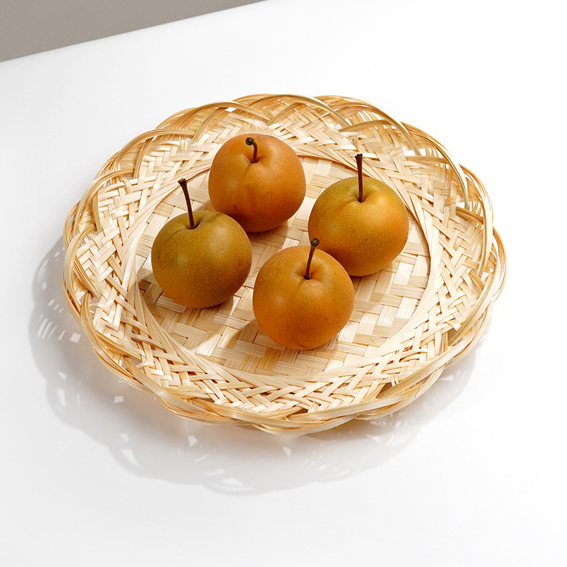 Hand-woven bamboo basket, decorated edge bamboo tray, kitchen storage tray, snack and fruit basket, dry goods drying tray