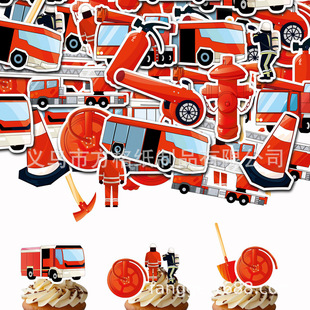 New Firefighter Birthday Cartoon Sticky Rice Paper Cake Sticker Children's Party Birthday Cake Waper Printing Sticker