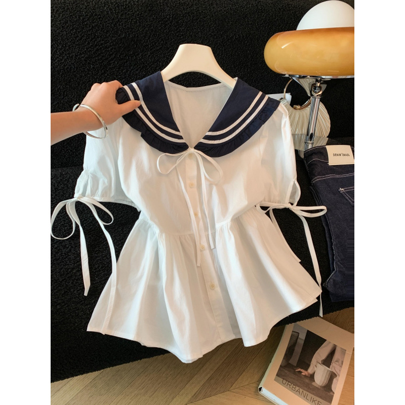 Real Shot of College-Style Navy Collar Short-Sleeve Shirt for Women, Summer 2026 New Design with Tie Waist for a Slimming Effect Real Shot of College-Style Navy Collar Short-Sleeve Shirt for Women, Summer 2026 New Design with Tie Waist for a Slimming Effect