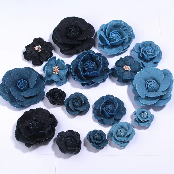 Factory spot fake denim fabric flower 7.5/5.5/4.5/3.5CM camellia clothing decorative flower accessories