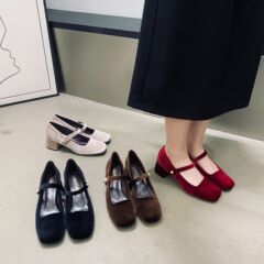 Jonmei for Sanフレンチベルベットの太い靴の女性2023年秋冬の新しい気質にスカートのメアリーの靴を配合した