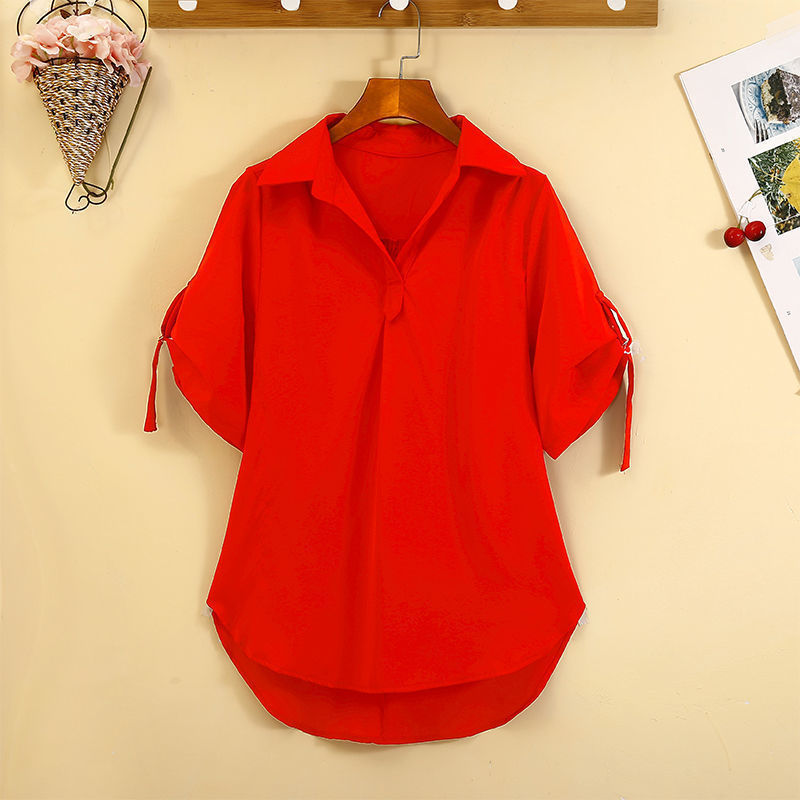 Mid-Length Shirt for Women 2026 Summer New Style Plus Size Women's Solid Color Polo Chiffon Shirt Short-Sleeved Shirt Japanese and Korean Casual Style