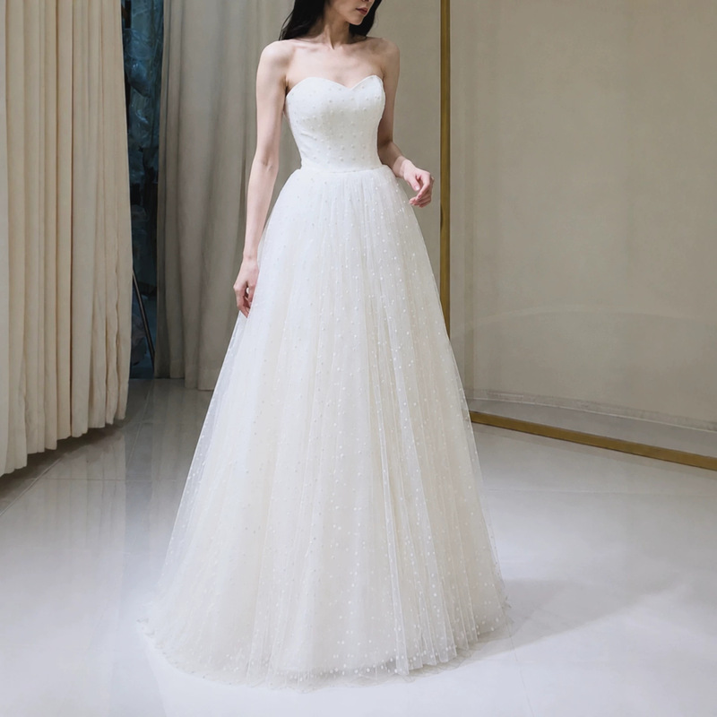 Lightweight wedding dress with a strapless design, made of mesh, simple and unique with a high-end feel, featuring dotted lace, perfect for outdoor travel photography, super ethereal and floor-length Lightweight wedding dress with a strapless design, made of mesh, simple and unique with a high-end feel, featuring dotted lace, perfect for outdoor travel photography, super ethereal and floor-length