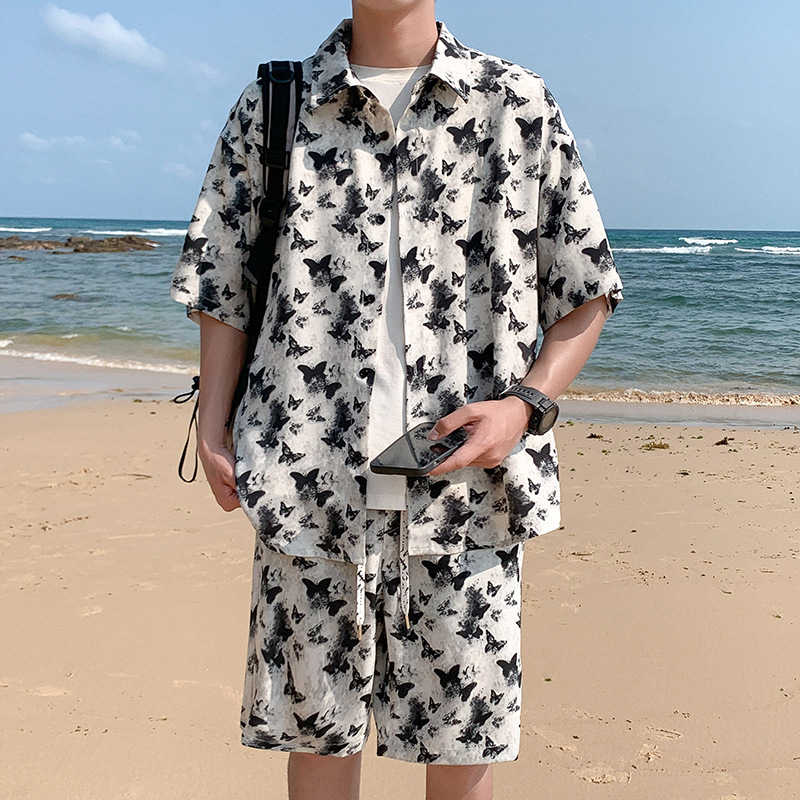 Ice Silk Floral Shirt And Shorts Set For Men Summer Trendy Loose Beachwear Short Sleeved Two Piece Outfit_viptrois.com