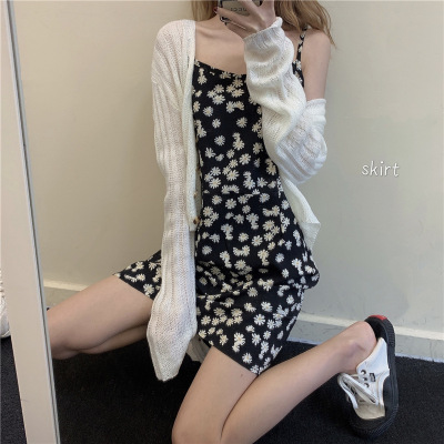 [与恩君]A4795小雏菊吊带裙+ 白色微透纹理针织开衫外套|ms