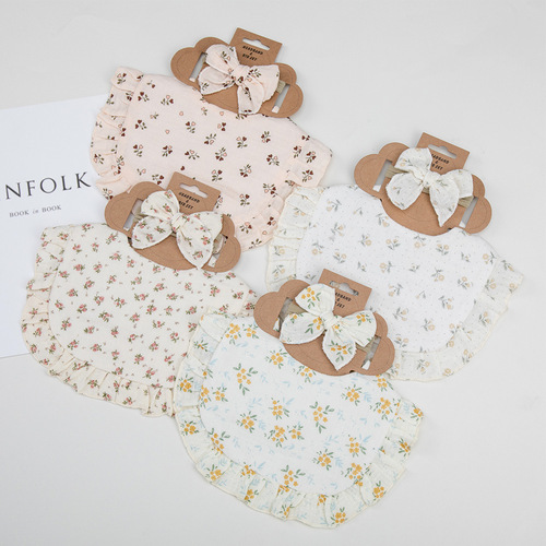 Cross-border new baby saliva napkin ruffled children's cotton gauze lace bib bib saliva pocket headband set