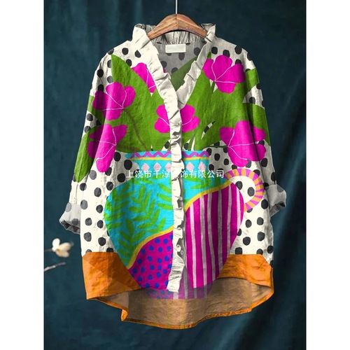 2025 European and American New Amazon Independent Store Floral Edge Collar Top 0168 Comfort Casual Linen Round Collar Short-Sleeve