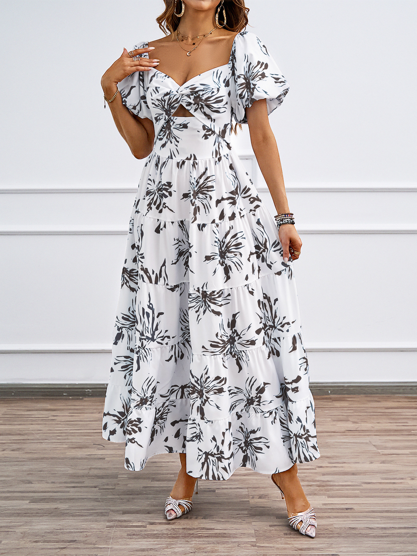 455g Weight Maxi Long Dress Dress Length Type Short Sleeve Sleeve Length Swing Dress Dresses Type Puff Sleeve Sleeve Type Polyester Fabric Type High Waist Waist Line Holiday, Daily Occasion Off Shoulder Neckline Regular Fit Fit Type Color Block, Painted Flower Pattern Summer Season Women's Gender Printing Design Elegant, Streetwear Style Wholesale Women's Elegant Streetwear Printing Color Block Painted Flower  Holiday Daily Off Shoulder Short Sleeve Swing Dress 17