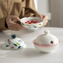 陶瓷釉下手彩带盖碗泡面饭菜碗保温防尘蒸蛋水果零食碗两用下午茶