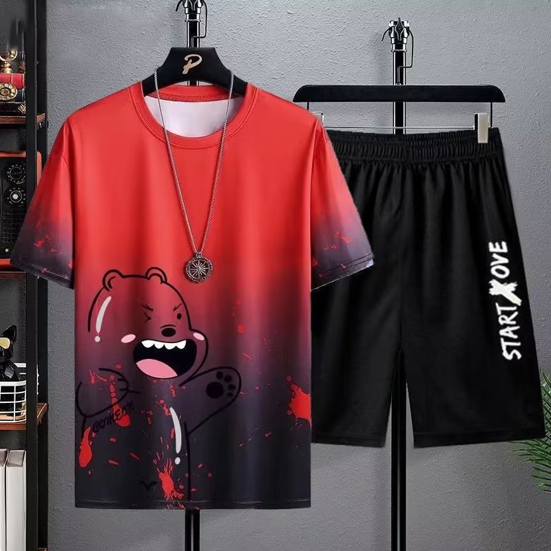 Traje de camiseta de manga corta de seda de hielo para hombres más tamaño adolescentes 2023 nuevo conjunto de verano de ropa casual a juego guapo T