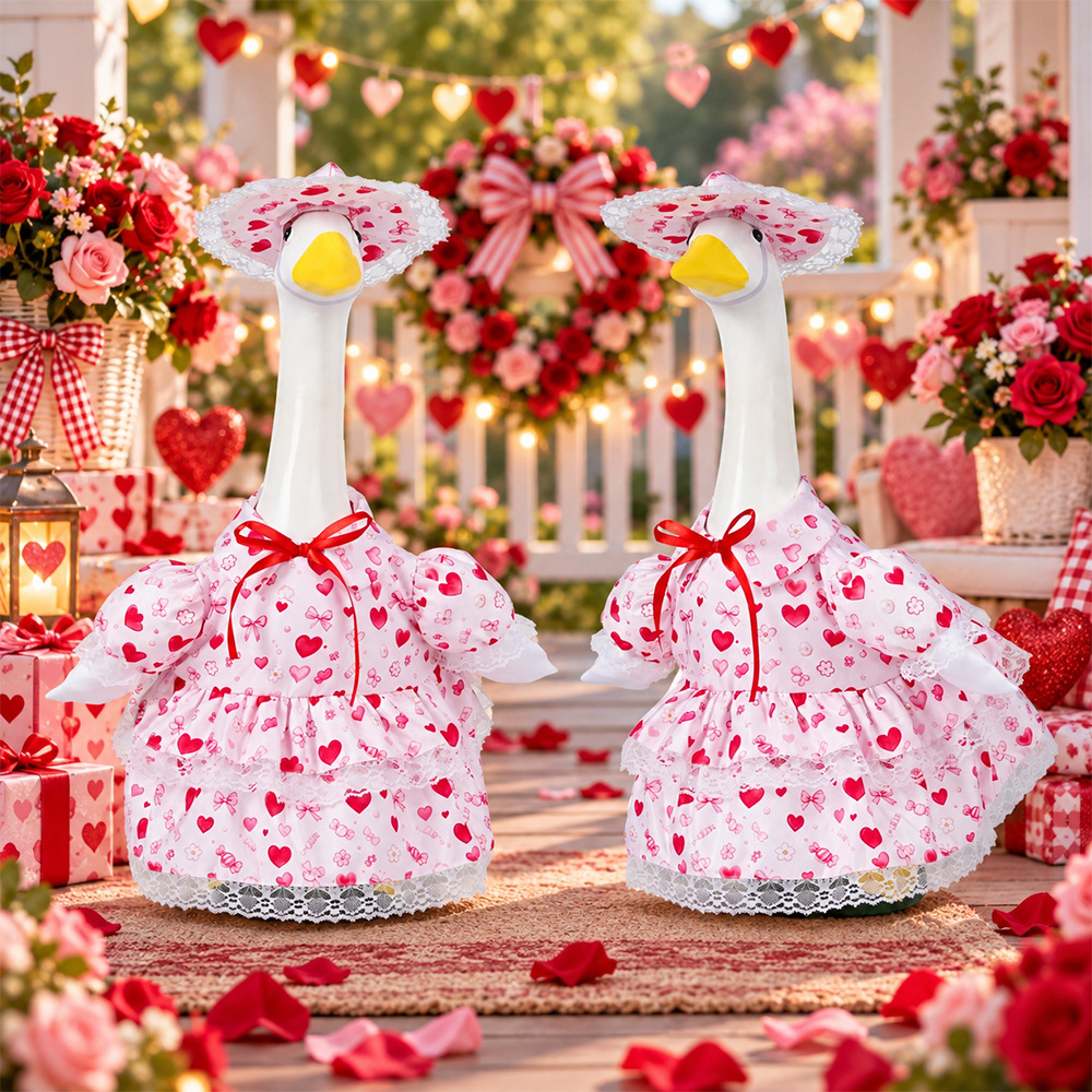 Cross-border new product Valentine's Day porch goose skirt with heart print for holiday parties, large white goose garden decoration manufacturer