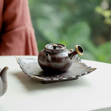 昌朴居老岩泥铁锈红赤金侧把壶复古侘寂风粗陶壶功夫茶具陶瓷茶壶