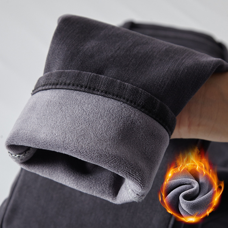 烟灰色加绒牛仔裤女高腰2023冬季新款加厚显瘦小脚铅笔裤弹力修身