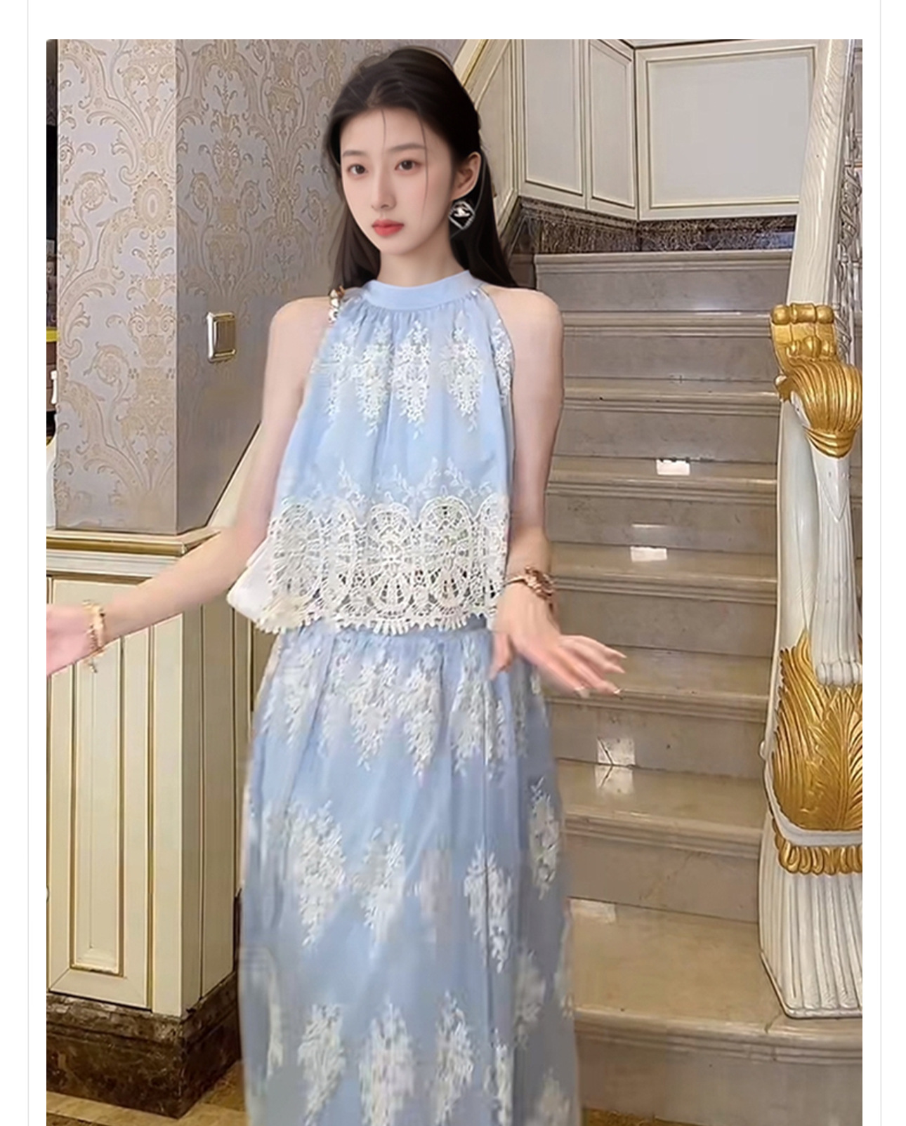 Set áo váy nữ phong cách Trung Hoa mới thêu rỗng, eo cao mùa hè ZX N5038 — Áo, Váy nửa chi tiết 2