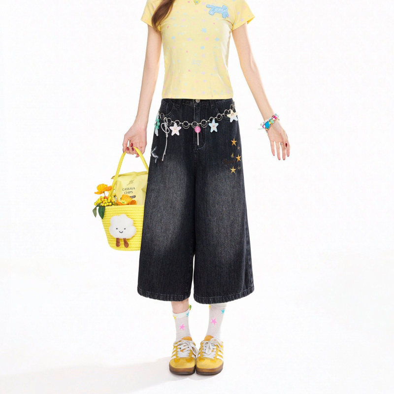 Summer New Style Star Patchwork Cropped Jeans for Women, Loose Fit, Size 26, Petite, Slimming, Versatile, Straight-Leg Shorts, Trendy