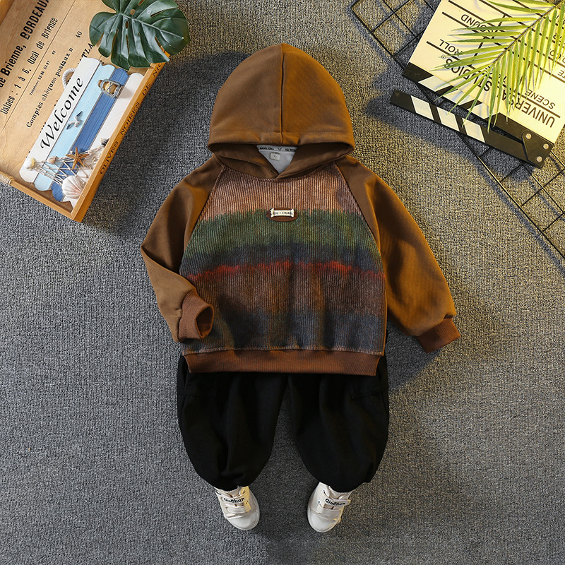 6095 Traje casual para niños Primavera y otoño 2024 Nuevo suéter con capucha para niños Traje de dos piezas de moda de otoño para bebés