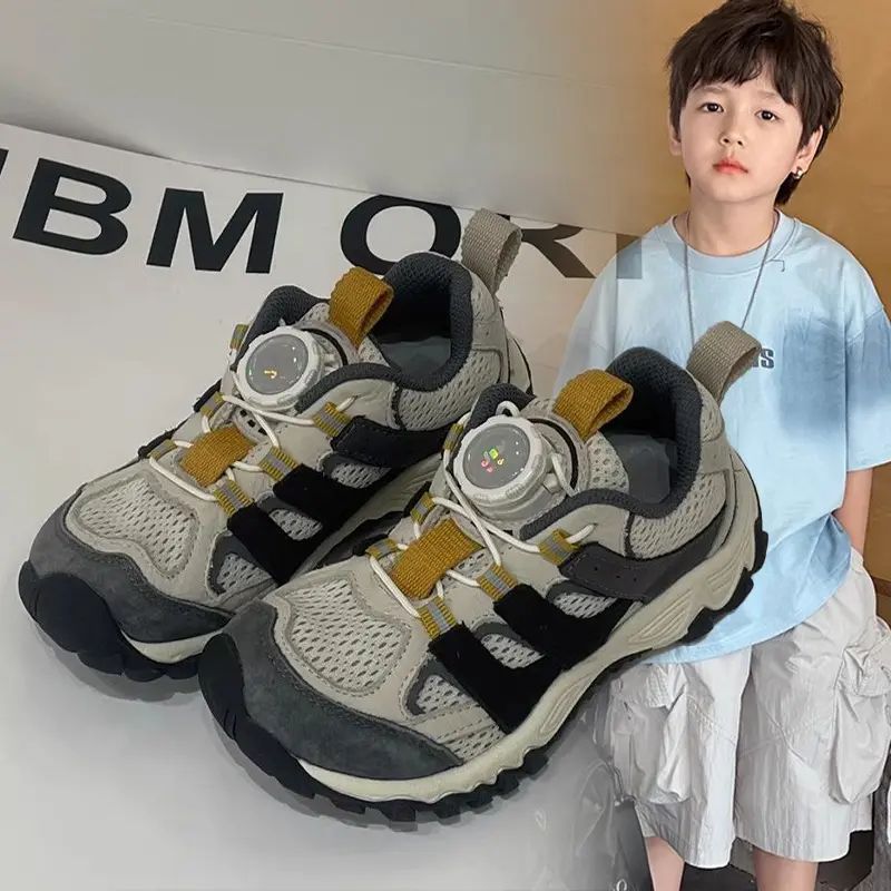 2026 Spring and Autumn New Children's Hiking Shoes with Rotating Buckle, Lightweight Outdoor Running Shoes for Boys, Breathable Mesh Sports Shoes