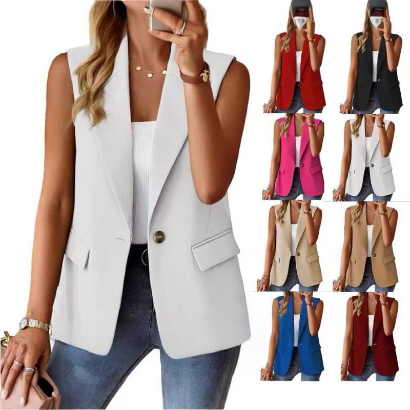 2025 New Amazon Wish Hot-Selling Autumn Sleeveless Solid Color Multi-Color Cardigan Blazer for Women
