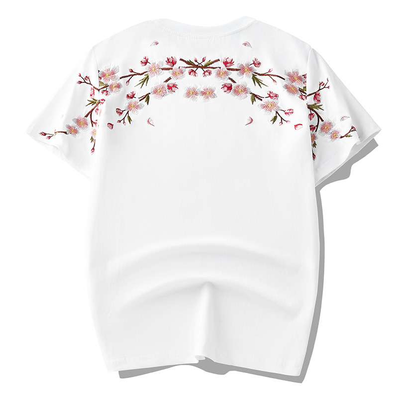 2025 primavera y verano nueva marea nacional marca de moda china suelta flor de ciruelo bordado camiseta de manga corta pareja masculina media manga de verano