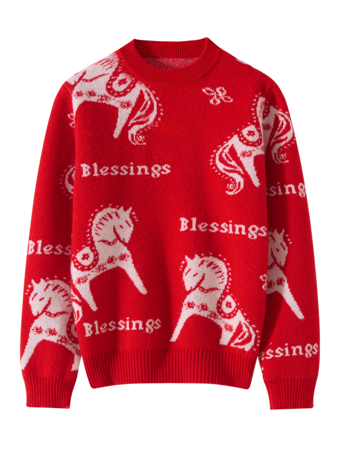 Children's Sweater, Size 26, Year of the Horse New Year Red Embroidered Knitted Wool Sweater Top, Base Layer Sweater for Boys and Girls