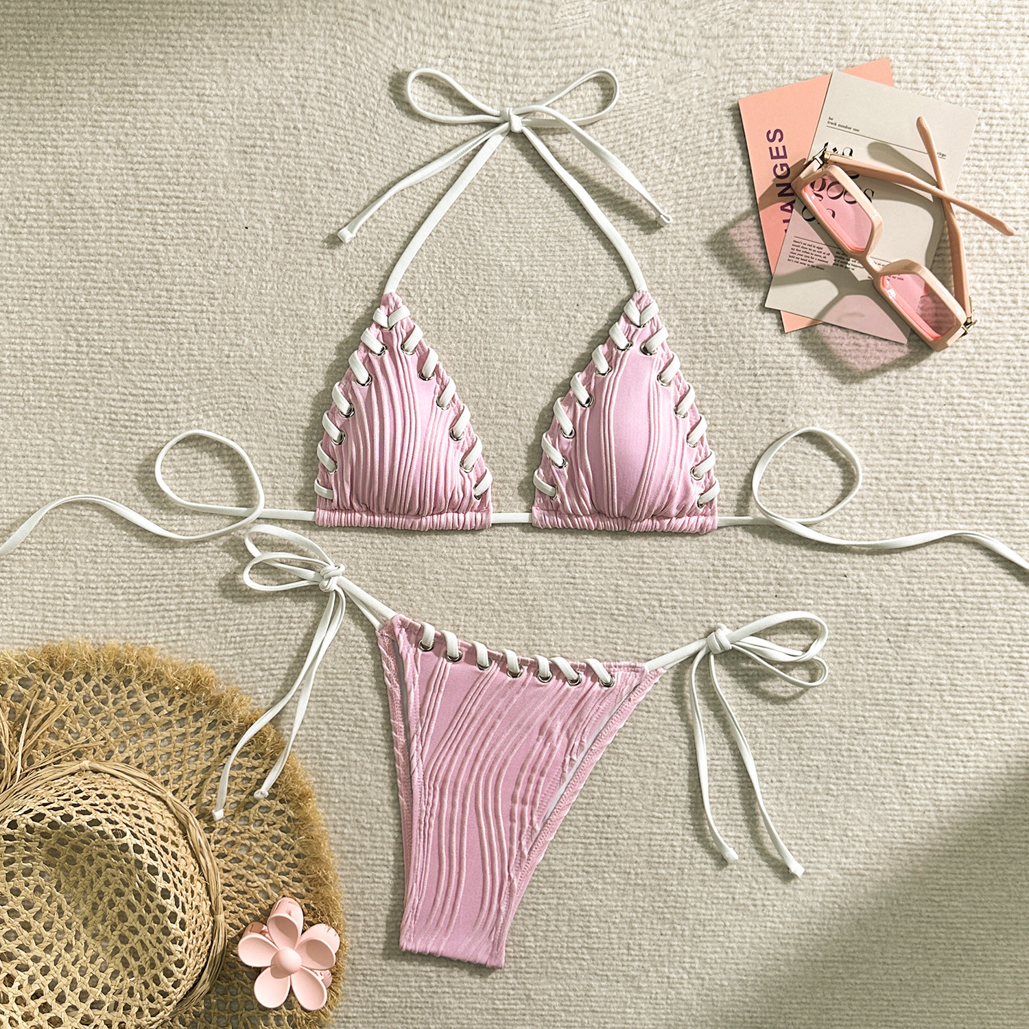 127g Weight Sexy Feel Of Sensation Bikini Panties Style Polyester Fabric Type 2 Pieces Set Quantity Swimming Pool, Beach Occasion Comfort Function Solid Color Pattern Demi Cup Bra Cup Women's Gender Women's Solid Color 2 Pieces Set Bikinis Swimwear 13