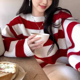 美利奴全绵羊毛红白条纹针织衫女冬一字领毛衣
