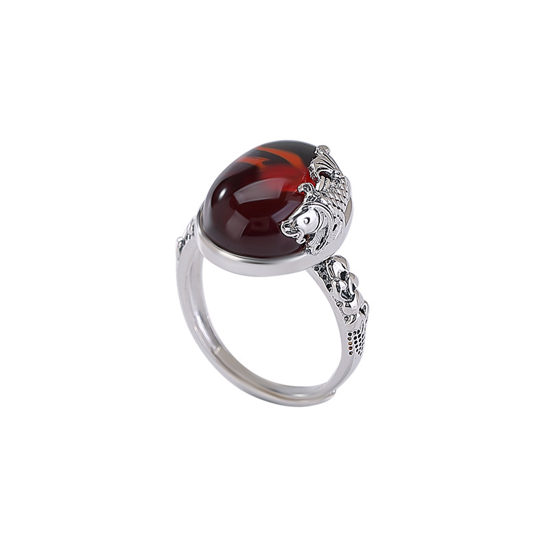 Nhẫn bạc S925 đính hổ phách đỏ hình cá chép phong cách retro vintage mở có thể điều chỉnh — Một mảnh