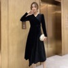 Bright silk V-neck low cut waist A-line long dress dating party dress long sleeve dress