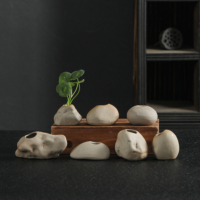 Wordless Mini Zen Vase Artificial Small Stone Antique Ornaments Tea Table Ceramic Decoration Plant Hydroponic Container