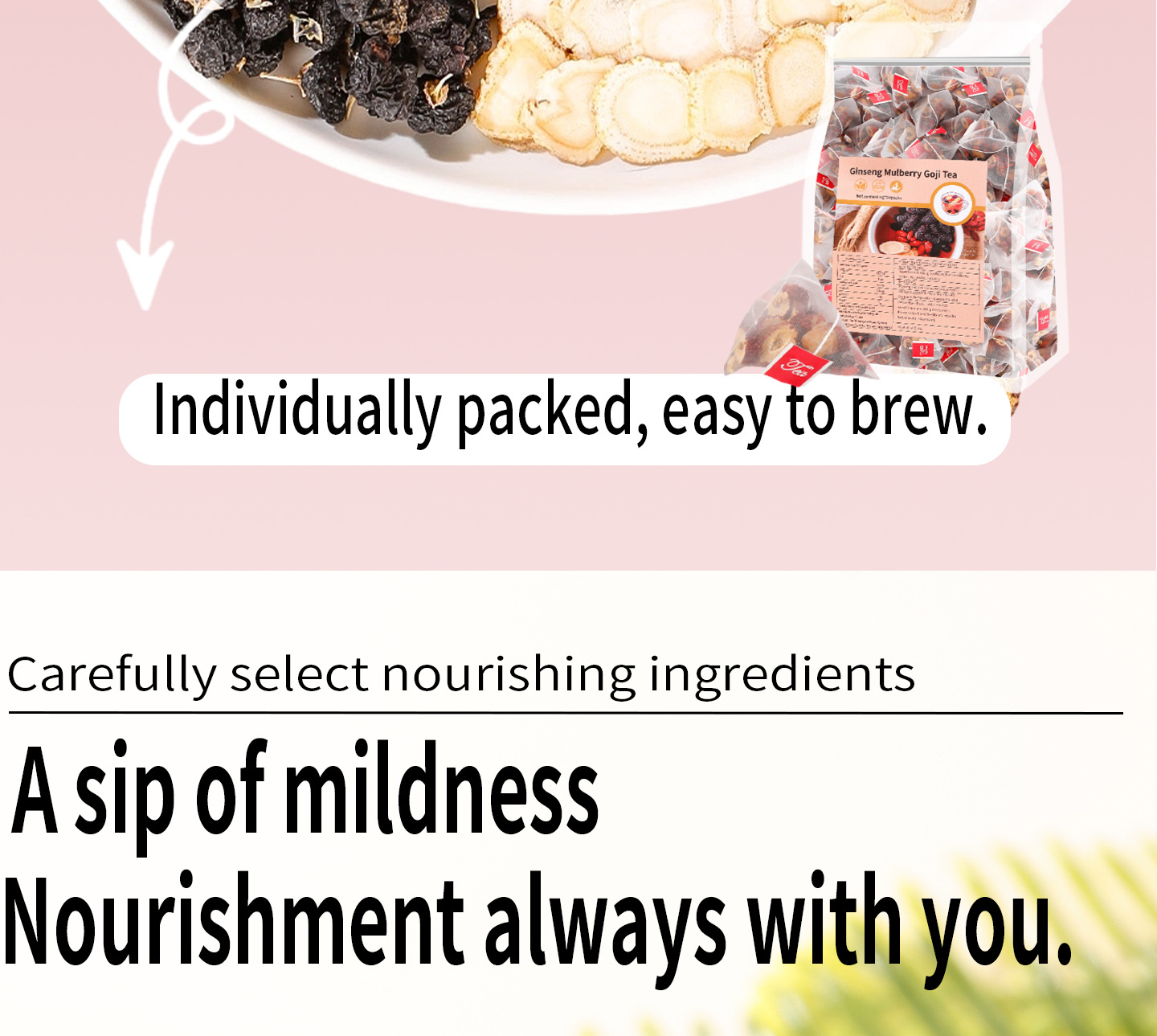 Ginseng Black Goji Mulberry Red Date Longan Wellness Tea Bags 25 Pack Sugar Free Herbal Tea quality and texture