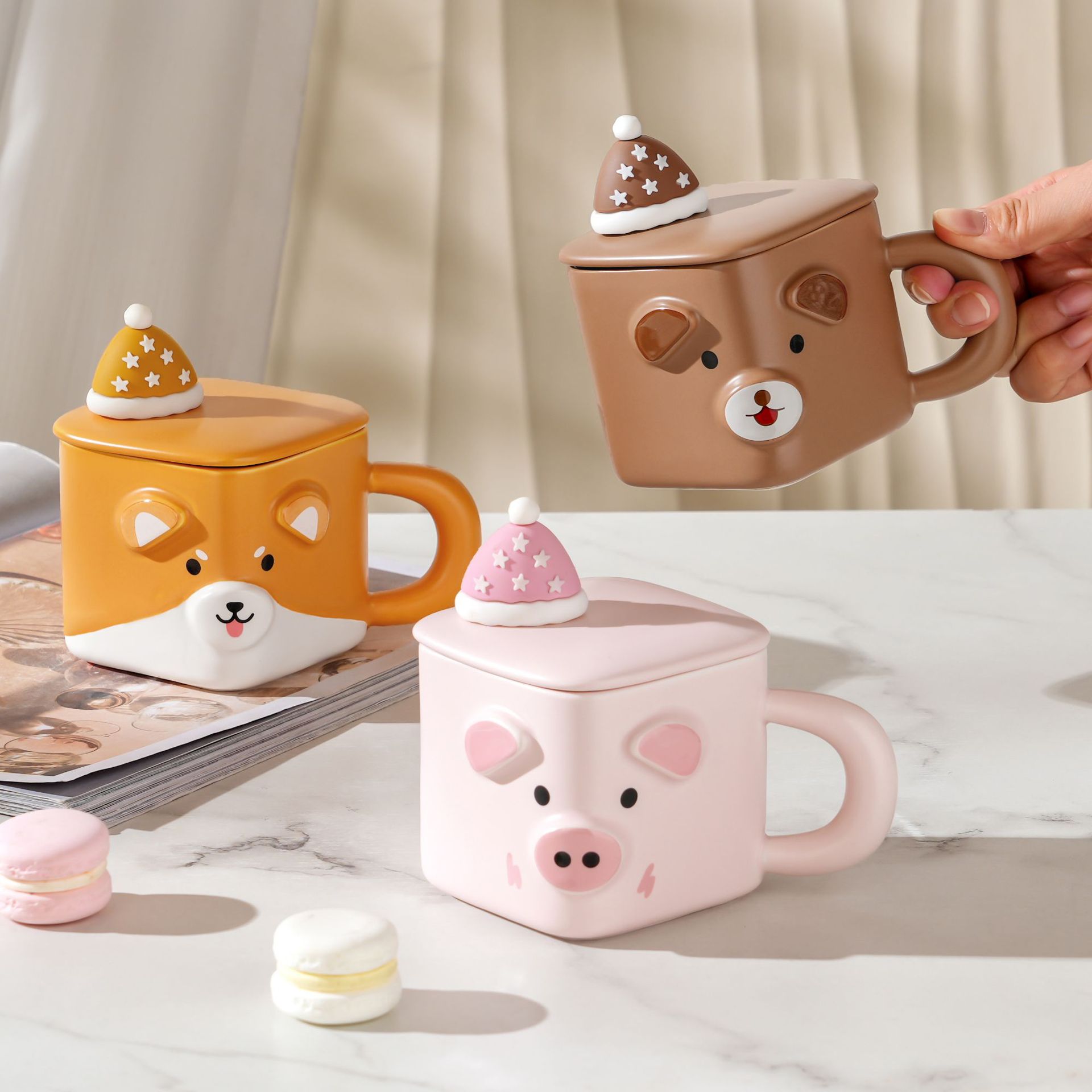 Taza de cerámica animal con forma de mascota linda de dibujos animados creativos con tapa Taza de agua de oficina doméstica de alto valor Taza de pareja