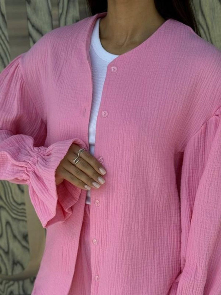 Bộ cardigan dài tay + quần ống rộng tay đèn lồng chất liệu cotton — màu hồng, màu đen, quả mơ chi tiết 11