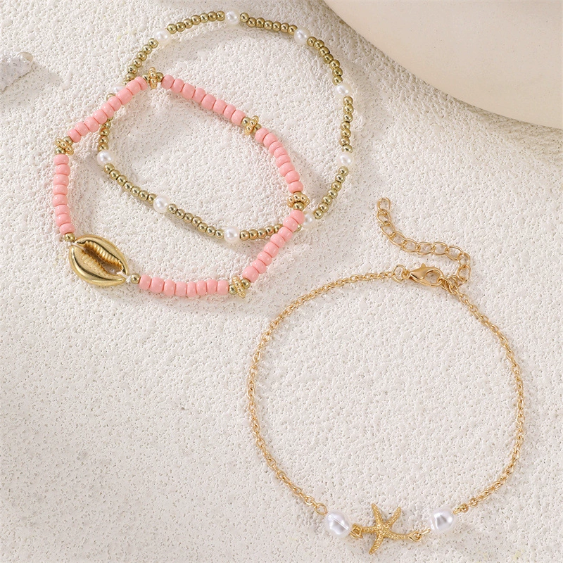 Ankle Bracelet, Boho Beach Style White Elastic Pendant, Shell & Starfish Accent