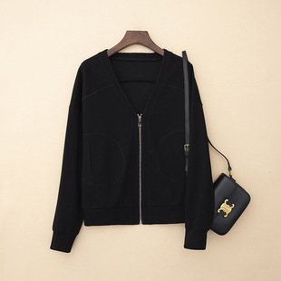 High-end Women's Cotton V-neck Zip Shirt Cardigan Women's New Loose Lazy Style Sweater Jacket Black Grey Elegant
